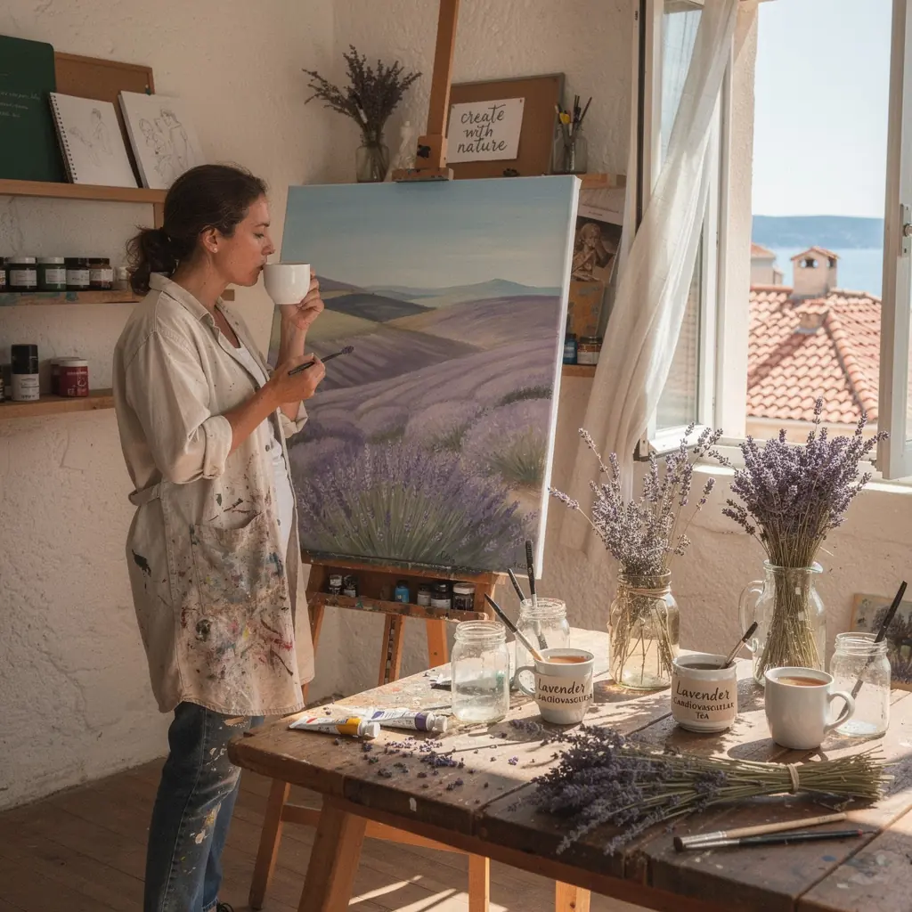 Čaj od lavande sa srcem u fokusu, umirujuća šalica postavljena na drveni stol.